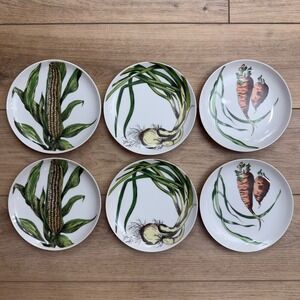 Set of 6 Botanical Vegetable Salad Plates Corn Onion Carrots‎ Cottage Farmhouse